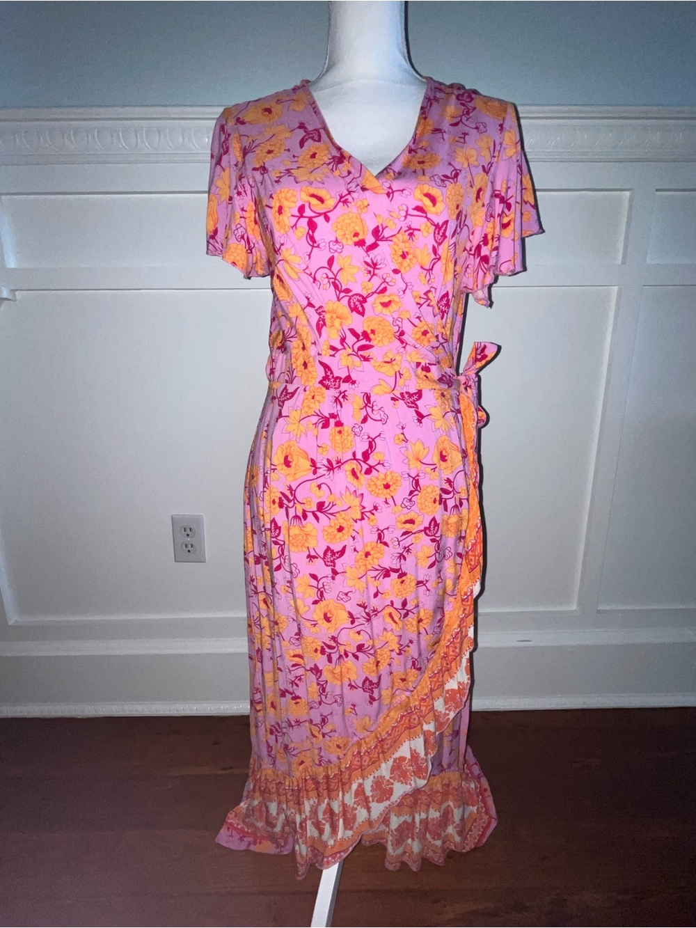 Pink & Orange Floral Wrap Midi Dress
